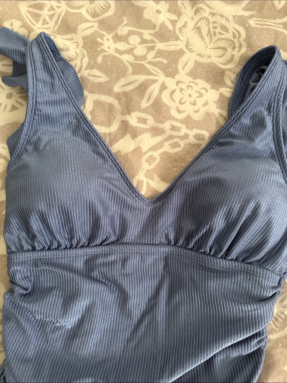 Ellen Tracy from Marshalls. Blue Ribbed One-Piece Swimsuit with Ruffle Straps - Picture 3 of 7